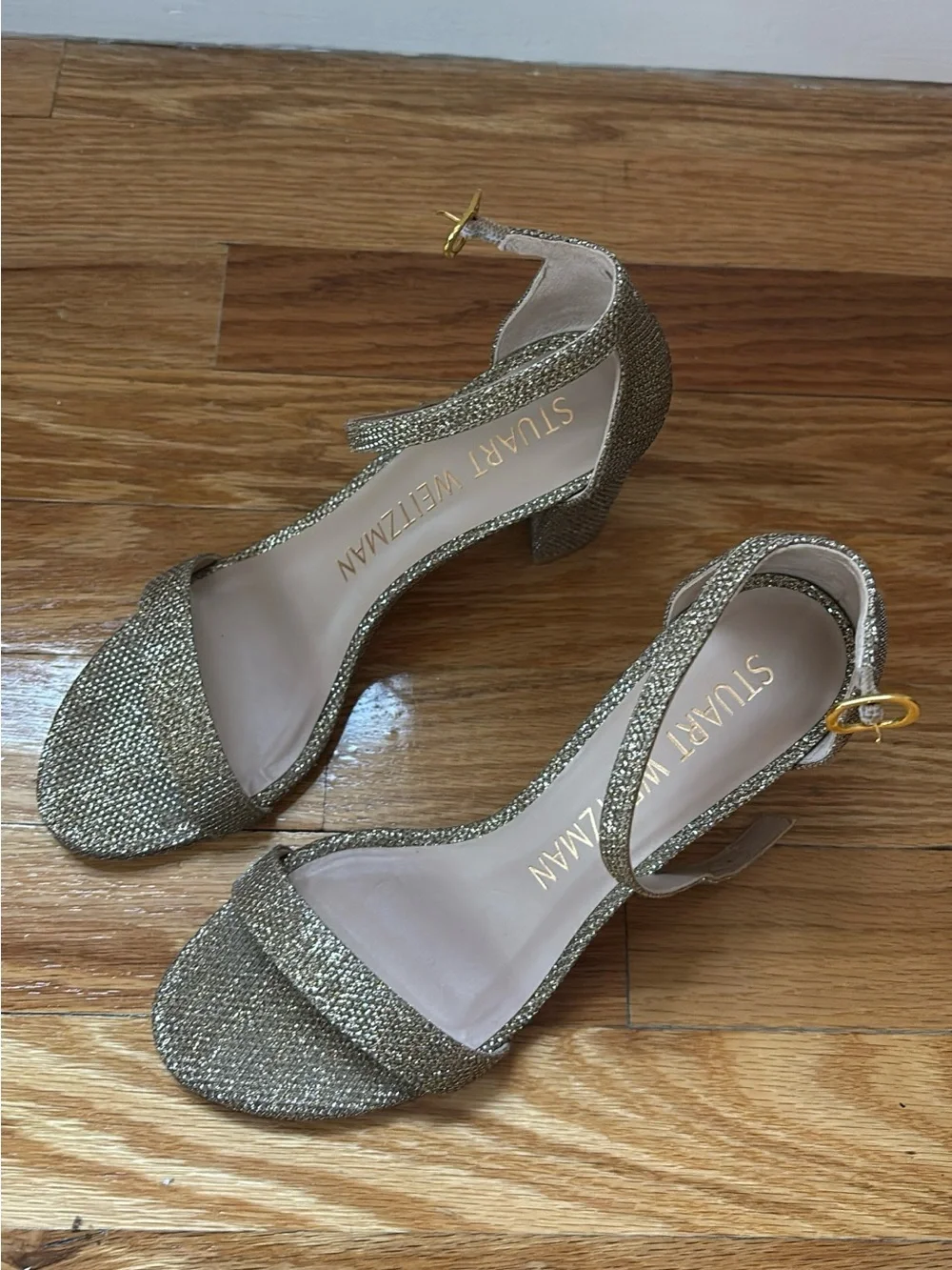 Stuart Weitzman Gold Glitter Strappy Block Heel Sandals